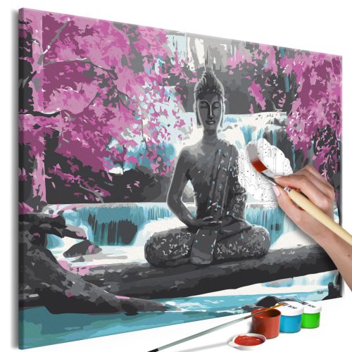 Buddha és vízesés 60x40 - Számos kifestő keretre feszítve