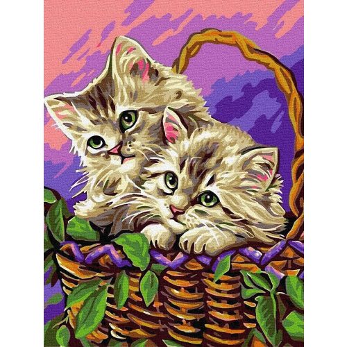 Cica a kosárban - Számos kifestő keretre feszítve (30x40 cm)