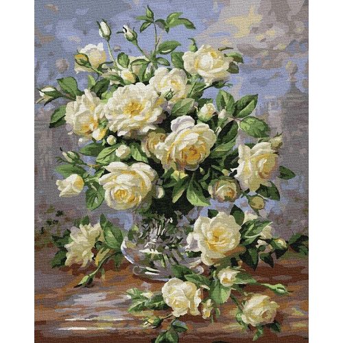 Fehér rózsacsokor  - Számos kifestő keretre feszítve (50x65 cm)