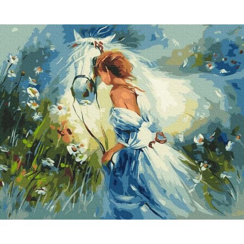 Gyönyörű lány lóval - Számos kifestő keretre feszítve (40x50 cm)