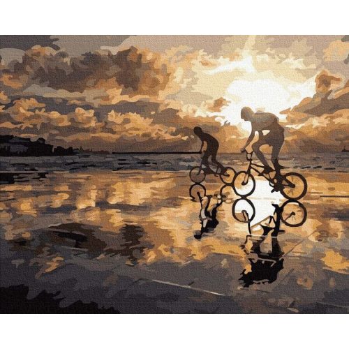 Kerékpározás napnyugtakor - számfestő készlet, keretre feszítve ( 40x50 cm )