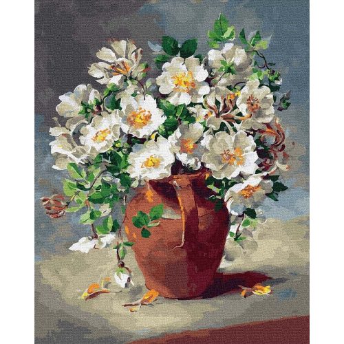 Fehér virágok egy kancsóban - Számos kifestő keretre feszítve (40x50 cm)