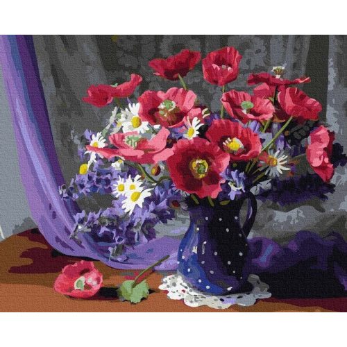 Csokor kék vázában - Számos kifestő keretre feszítve (40x50 cm)