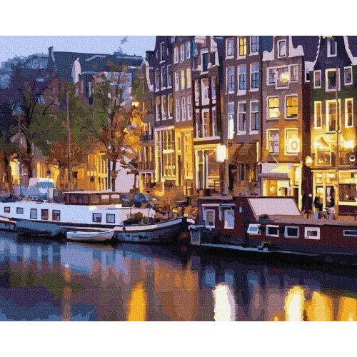 Amszterdam éjszakai fényei - számfestő készlet, keretre feszítve ( 40x50 cm )