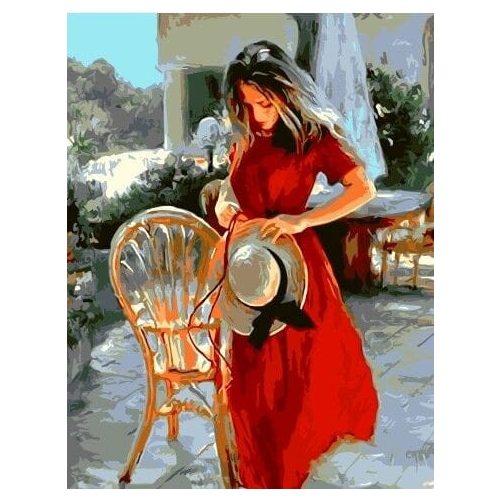 Lány piros ruhában - számfestő készlet, keretre feszítve ( 40x50 cm )