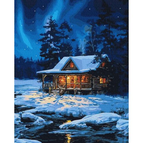 Erdei ház télen - Számfestő keretre feszítve (40x50 cm)