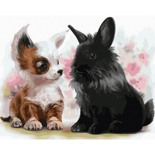 Nyúl egy kutyával - számfestő készlet, keretre feszítve ( 40x50 cm )