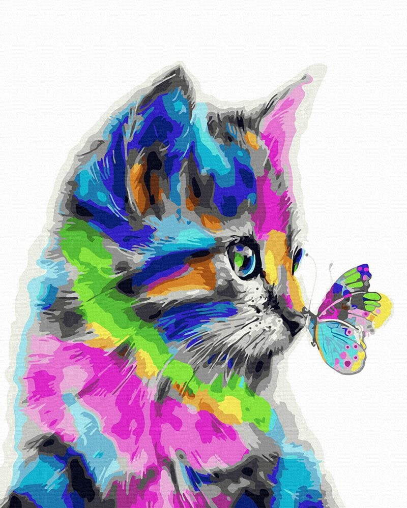 Macska és pillangó színes színekben - Számos kifestő keretre feszítve