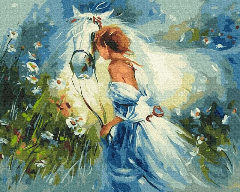 Gyönyörű lány lóval - Számos kifestő keret nélkül ( 40x50 cm )