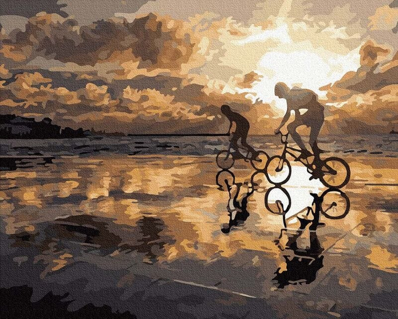 Kerékpározás napnyugtakor - Számos kifestő keretre feszítve (40x50 cm)