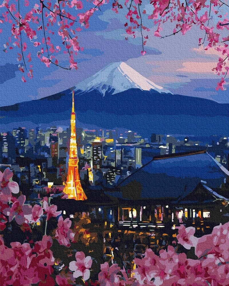 Fujiyama és Sakura - Számos kifestő keret nélkül ( 40x50 cm )