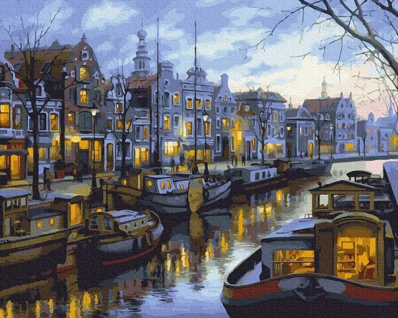 Amszterdami csatornák - Számos kifestő keretre feszítve (40x50 cm)